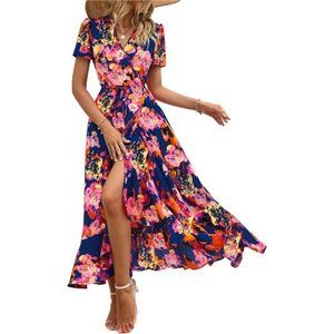 PRETTYGARDEN Women's Summer Wrap Maxi Dress Casual Boho Floral V Neck Short